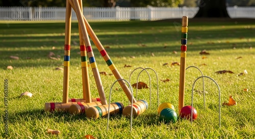 A classic wooden croquet set including mallets colorful balls and metal hoops placed on a sunlit green lawn