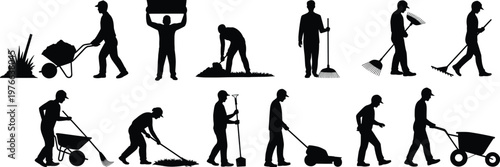 Garden maintenance worker silhouettes mowing raking digging wheelbarrow landscaping people outdoor black shadow vector illustration set yard work design