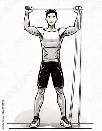 Man performing resistance band shoulder press exercise illustration.