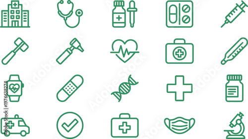 Set of green line medical icons featuring healthcare symbols and essential equipment for clinical diagnostic professional use
