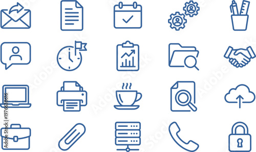 A collection of blue line icons representing office workflow, business management, professional communication, and digital workplace tasks