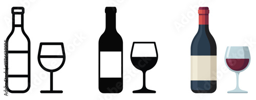 Wine bottle glass icon set flat vector design