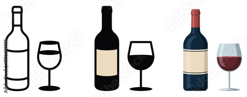 Wine bottle glass icon set flat vector design