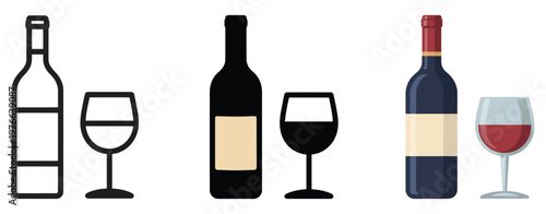 Wine bottle glass icon set flat vector design