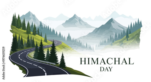 A picturesque vector illustration celebrates Himachal Day with a winding road through lush green hills and towering mountains, conveying a sense of cultural pride and scenic beauty