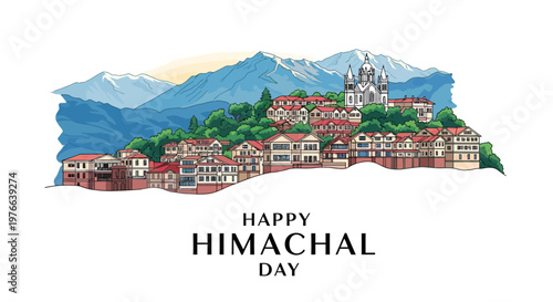 A vector illustration celebrates Happy Himachal Day, showcasing a scenic town nestled amidst snow-capped mountains, presented in a vibrant color palette against a clean white background