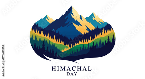 Vector graphic for Himachal Day celebrations displays a stylized mountain range with evergreen trees in shades of blue and green, set against a white background, conveying a sense