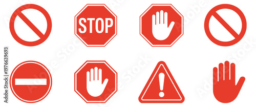 Warning red circle bar forbidden restrict and alert symbols flat vector design