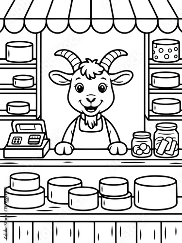Cheese Shop Keeper: An illustrated shopkeeper goat stands proudly amidst a collection of artisanal cheeses, offering customers a delightful taste of dairy delight.