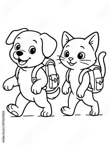 Pup and Kitten on School: A cheerful pup and a curious kitten embark on a learning adventure together, each carrying a backpack, ready to explore the world of knowledge.