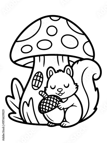 Cozy Squirrel and Mushroom Home: A charming illustration depicts a contented squirrel nestled beside a whimsical mushroom house, holding a prized acorn. It's a scene of autumn comfort.