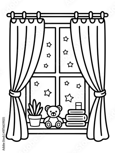 Cozy Window Scene: Inside a warm room, a charming window frames a peaceful night sky filled with stars, accompanied by a potted plant, a cuddly teddy bear, and a stack of books.
