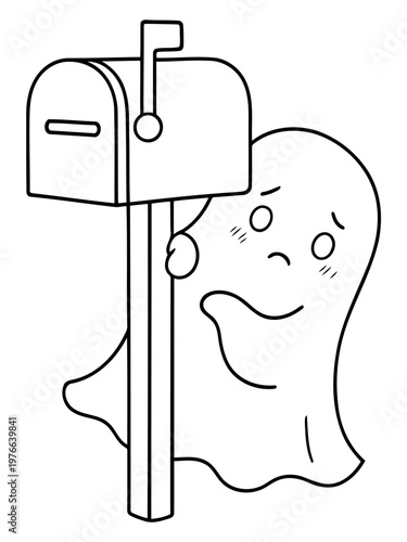 Ghost Beside Mailbox: A friendly ghost peeks from behind a classic mailbox, conjuring an atmosphere of mystery and anticipation with minimalist charm.