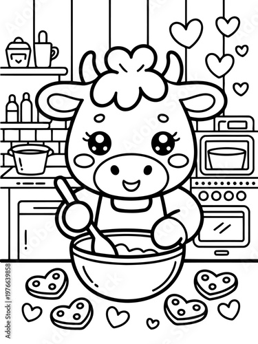 Cute Cartoon Cow Baking Cookies: A delightful cartoon cow wearing an apron is joyfully baking heart-shaped cookies in a warm and inviting kitchen scene, surrounded by love and sweet treats.