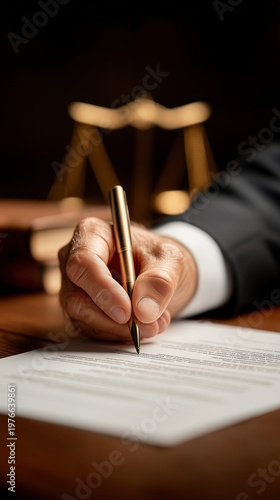 Legal Precision: A close-up view of a hand in a tailored suit carefully writing on a document with a gleaming pen, symbolizing precision, justice, and the weight of legal proceedings.