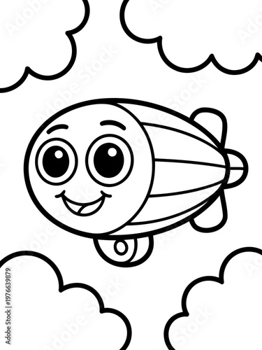 Whimsical Zepplin in Sky: A friendly zeppelin smiles as it floats amidst fluffy clouds in a cheerful, line art style suitable for coloring and creative projects. 