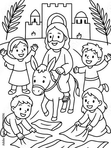 The Entry to Jerusalem: Depicting a significant moment of religious faith, the artwork captures a serene scene, illustrating the arrival of the central figure riding a donkey.