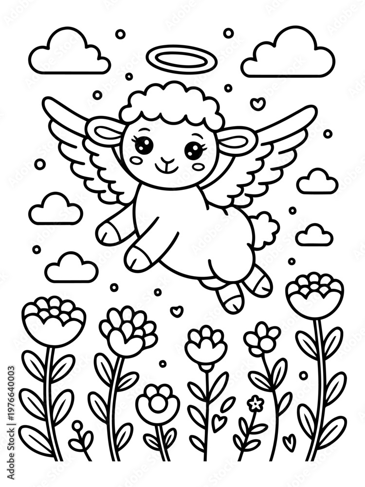 Fototapeta premium Angel Sheep in a Floral Paradise: An illustration featuring a whimsical angel sheep soaring amidst a field of flourishing flowers and fluffy clouds, evoking a sense of serenity.