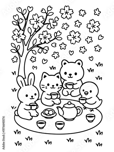 Whimsical Gathering: A charming illustration depicts an adorable scene of animals gathered under a blossoming tree, sharing tea and treats.