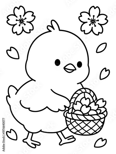 Charming Chick with Floral Basket: A cute chick, clutching a basket filled with flowers, meanders cheerfully. Surrounded by floral elements, evoking the spirit of spring.