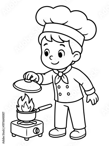 Young Chef at Work: A young chef, clad in traditional attire, tends to a pot cooking over a stove, capturing the essence of culinary art.
