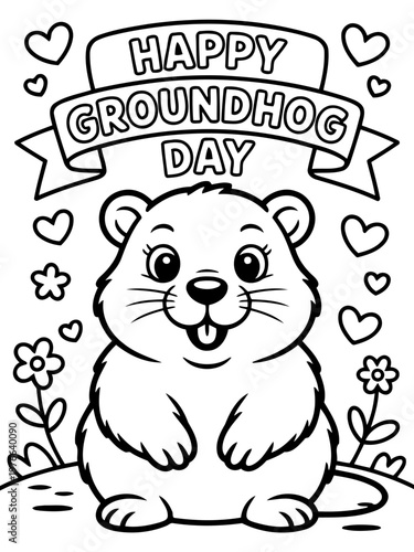 Happy Groundhog Day: A heartwarming illustration of a cheerful groundhog celebrating the annual Groundhog Day. The adorable groundhog is the focus of the image.