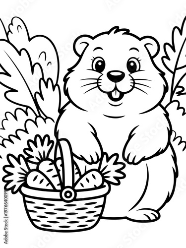 A Cheerful Beaver with Carrots: An endearing illustrated beaver smiles brightly, holding a woven basket overflowing with fresh carrots, a symbol of nature's bounty and the joy of harvest.