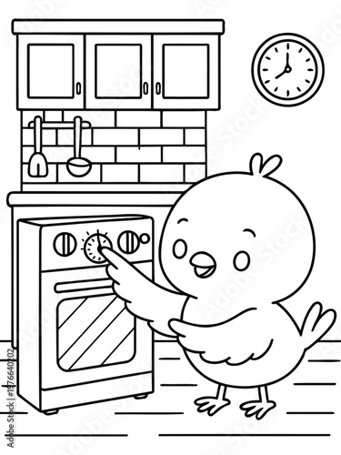 Cute Chick Cooking in Kitchen: An adorable cartoon chick in a playful kitchen setting, its tiny wing pointing at the oven dial, ready to whip up a culinary delight.