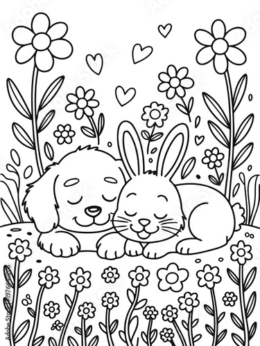 A Warm Embrace: A dog and a bunny share a tender moment nestled amidst a flourishing field of flowers, hearts, and serene ambiance.