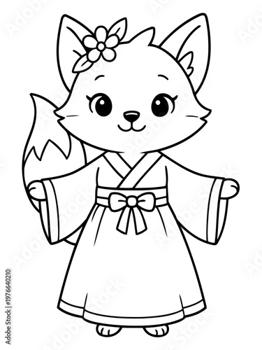Charming Fox in Kimono: A delightful fox illustration adorned in a traditional kimono with a flower in its hair, a sweet and engaging artwork perfect for various creative projects.
