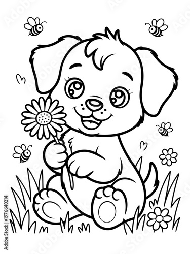 A Puppy's Delight in the Meadow: A charming puppy sits contentedly amidst a meadow filled with flowers, holding a daisy while surrounded by cheerful bees, a delightful scene of joy and companionship.