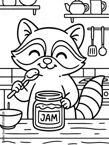 Raccoon Tasting Jam in Kitchen: A whimsical raccoon delights in a sweet treat, sampling jam from a jar in a cozy kitchen setting, with a sense of playful innocence.