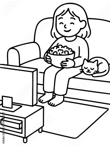 Cozy Evening: A young individual embraces the joy of a movie night at home, complete with a feline companion and a bowl of popcorn
