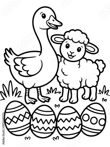 Easter Illustration: Delightful illustration of a duck and lamb with decorated easter eggs, capturing the charm of spring.