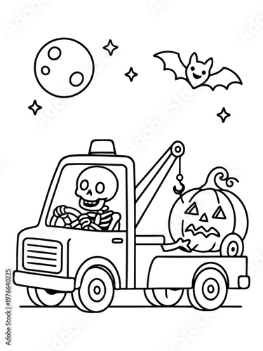 Halloween Tow Truck: An illustration of a spooky Halloween scene featuring a tow truck carrying a carved pumpkin, a skeleton in the driver's seat, a cheerful bat, moon, and stars. 