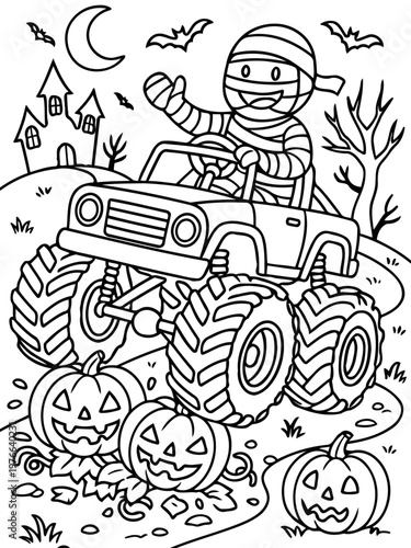 Mummy Monster Truck: A playful mummy figure takes the wheel of a monster truck, ready for Halloween, navigating a scene of jack-o'-lanterns, a haunted house, and a spooky night sky filled with bats.