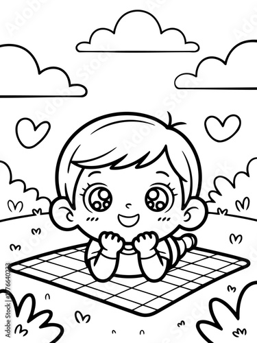 Childhood Bliss: A charming child lies on a picnic blanket, surrounded by playful clouds and hearts, a symbol of pure joy and imaginative freedom.