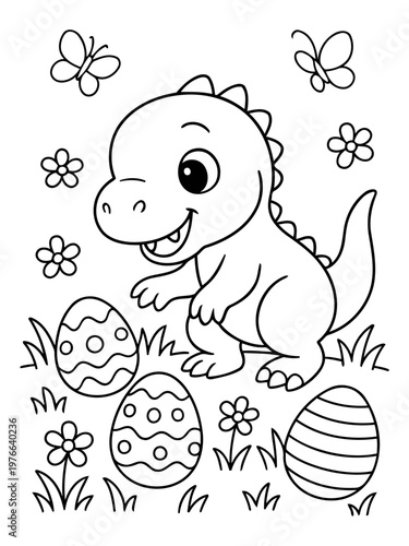 Dino Easter Fun: An adorable dinosaur surrounded by decorated Easter eggs and blooming flowers, evoking a sense of joy and the celebration of spring season. 