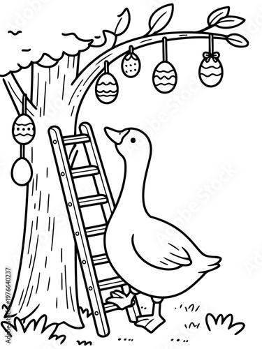 Duck and Easter Egg Hunt: A curious duck looks up at a decorated tree, where colorful Easter eggs hang for an egg hunt adventure.