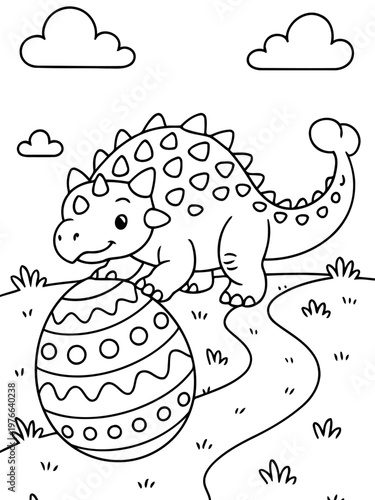 Dinosaur's Easter Egg: An adorable cartoon dinosaur stands with an intricately decorated Easter egg, hinting a playful scene and Easter's celebration.