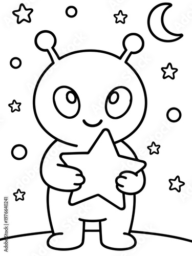 Star-Holding Alien: An adorable alien gazes upwards with wonder, clutching a shining star amidst a starry sky and crescent moon, designed for a coloring activity. 