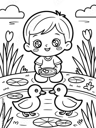 Cheerful Companion: A cartoon figure, with round eyes, stands alongside two little ducklings and holding something. Capturing a cheerful moment.