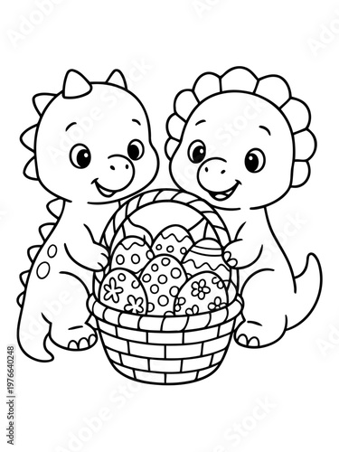 Dino Easter Celebration: Two adorable cartoon dinosaurs gather around an Easter basket brimming with colorful, decorated eggs, symbolizing the joy and festivities of the holiday.