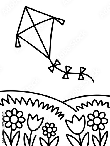 Kite in the Sky: A charming line art illustration of a kite soaring gracefully in the sky above a whimsical meadow of flowers, evoking a sense of childhood wonder and boundless imagination.