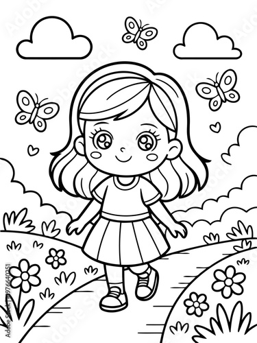 Child's Nature Walk: A cheerful illustration captures a child's delightful walk through a flourishing garden, adorned with fluttering butterflies, blooming flowers and fluffy clouds above.