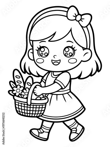 Picnic Ready: A delightful illustration of a young girl, basket in hand, brimming with fresh bread and flowers, ready for a perfect picnic adventure.