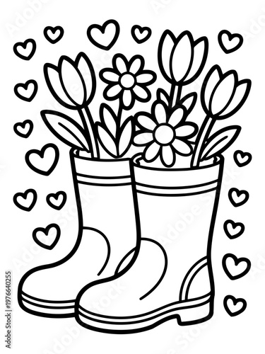 Spring Blossom in Bloom: Playful illustration of tulips and daisy nestled inside a pair of boots, surrounded by hearts, evoking feelings of spring, growth, and love.
