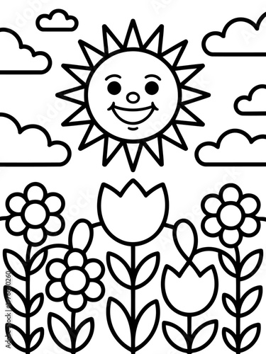 Cheerful spring drawing: A cheerful drawing showcases the essence of spring with a smiling sun, fluffy clouds, and blossoming flowers, radiating a sense of happiness and fresh start.