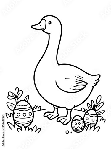 Easter Goose and Decorated Eggs: A delightful illustration of a cheerful goose stands proudly beside beautifully decorated Easter eggs, set against a simple backdrop of grass and springtime foliage.
