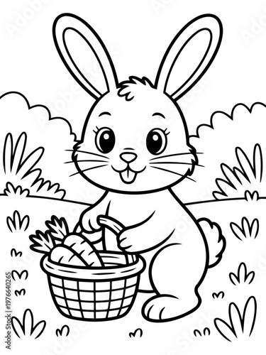Easter Bunny's Carrot Basket: A charming, outlined illustration of a fluffy bunny with long ears joyfully carrying a basket filled with carrots in a springtime meadow.